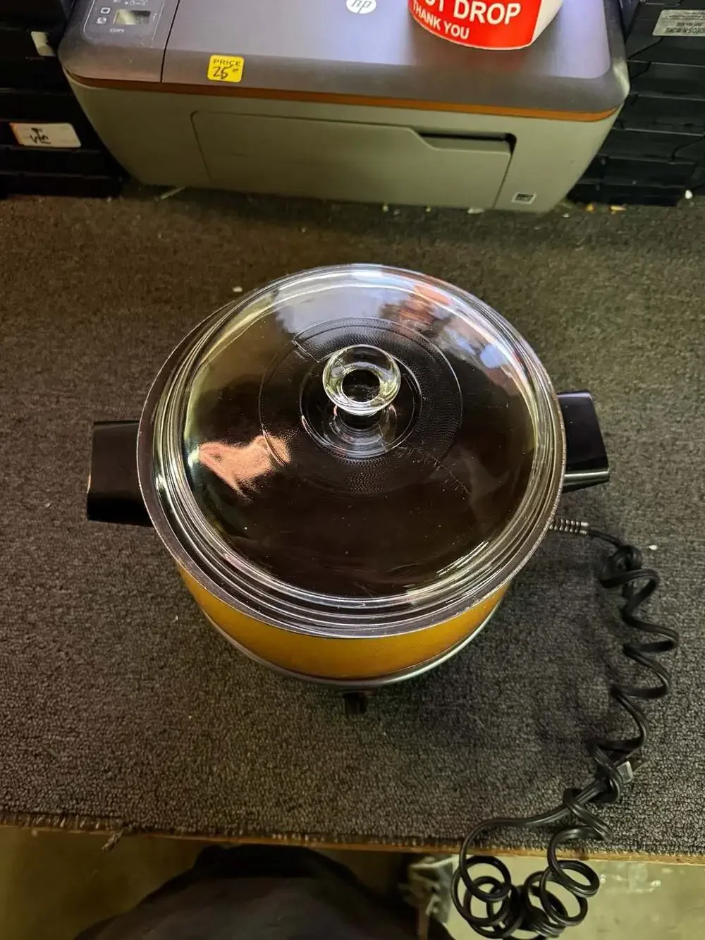 Vintage West Bend Lazy Day Slow Cooker Yellow Speckled Enamel with Glass Lid